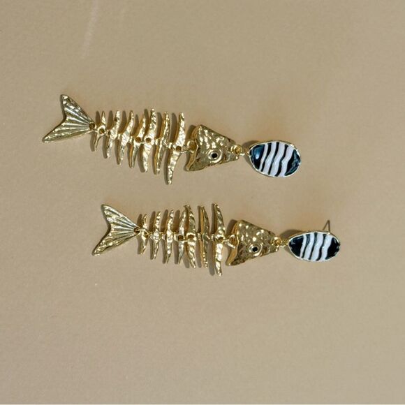 Gold Fishbone Dangle Earrings #1610 - Picture 2 of 4